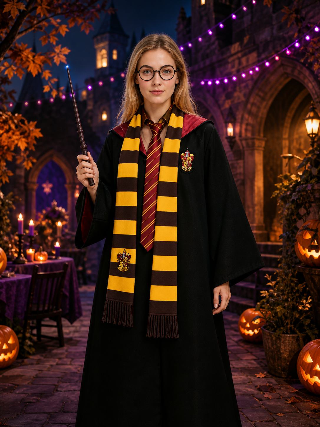 Black Hooded Wizard Robe Costume Set with School Crest, Scarf, Tie, Wand & Costume Accessories detail 2