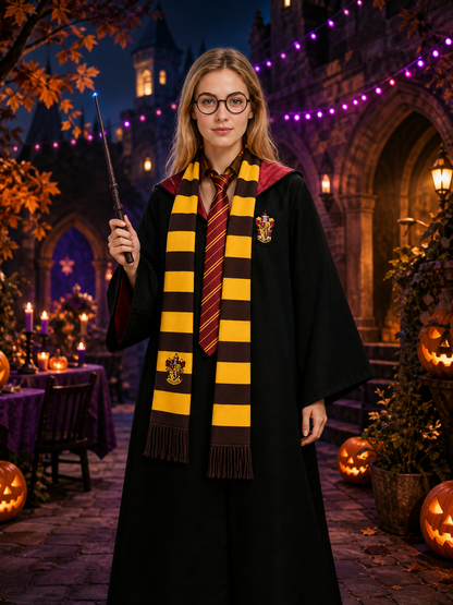 Black Hooded Wizard Robe Costume Set with School Crest, Scarf, Tie, Wand & Costume Accessories detail 2