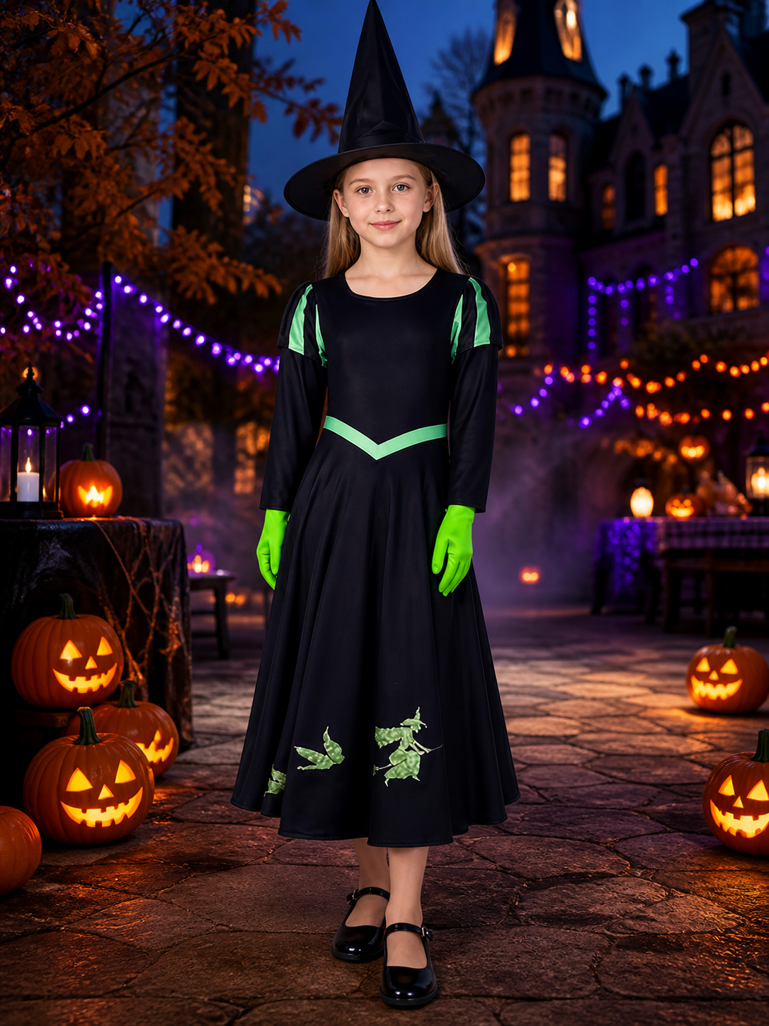 Unisex Witch Costume Set, Black Long Sleeve A-Line Dress with Green V Trim, Hat on-model Halloween scene view