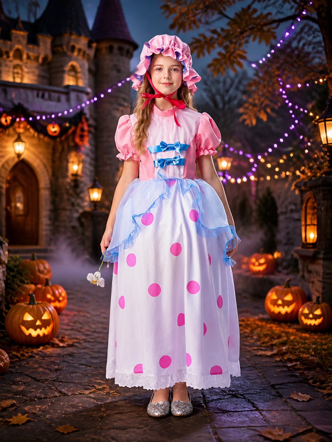 Girl's Shepherdess Costume Dress with Bonnet, Polka Dots, Vintage Style Costume Dresses detail 2