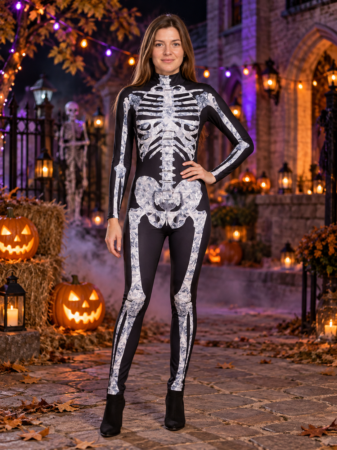Skeleton Halloween Costume Black Tight Jumpsuit