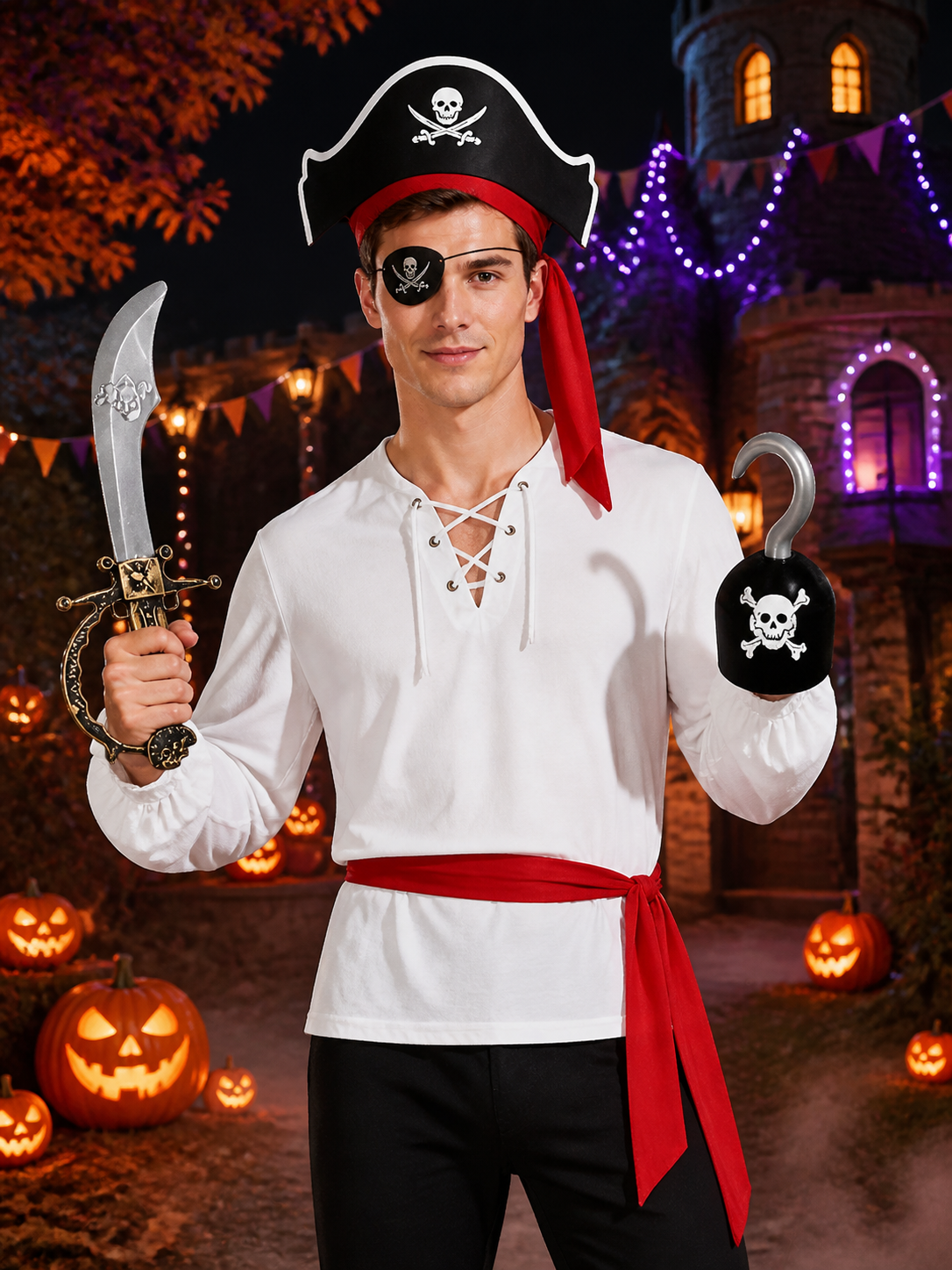 Halloween Pirate Costume Accessory Set - Skull Hat, Eyepatch, Hook & Sword Costume Headwear detail 2