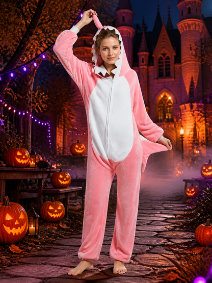 Pink And White Animal Hooded Zipper Jumpsuit Costume Costumes detail 2