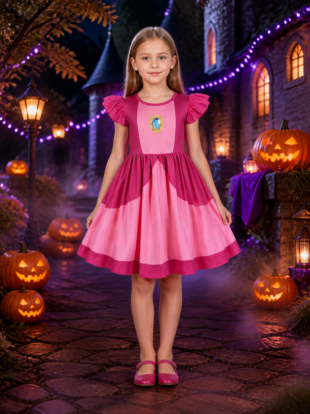 Kids Princess Peach Pink Ruffle Sleeve Dress Costume with High Waist Costume Dresses detail 2
