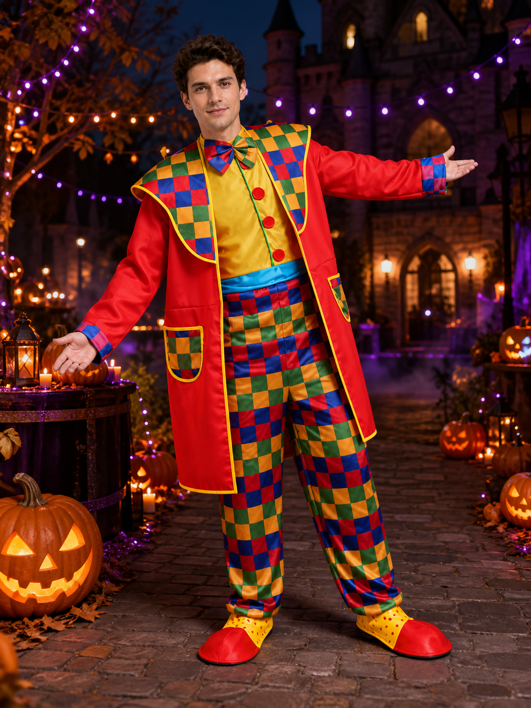 Unisex Jester Costume Set, Colorful Checkered Print with Bow Tie, Halloween Costume Accessories detail 2