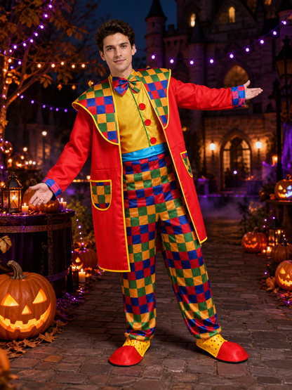 Unisex Jester Costume Set, Colorful Checkered Print with Bow Tie, Halloween Costume Accessories detail 2