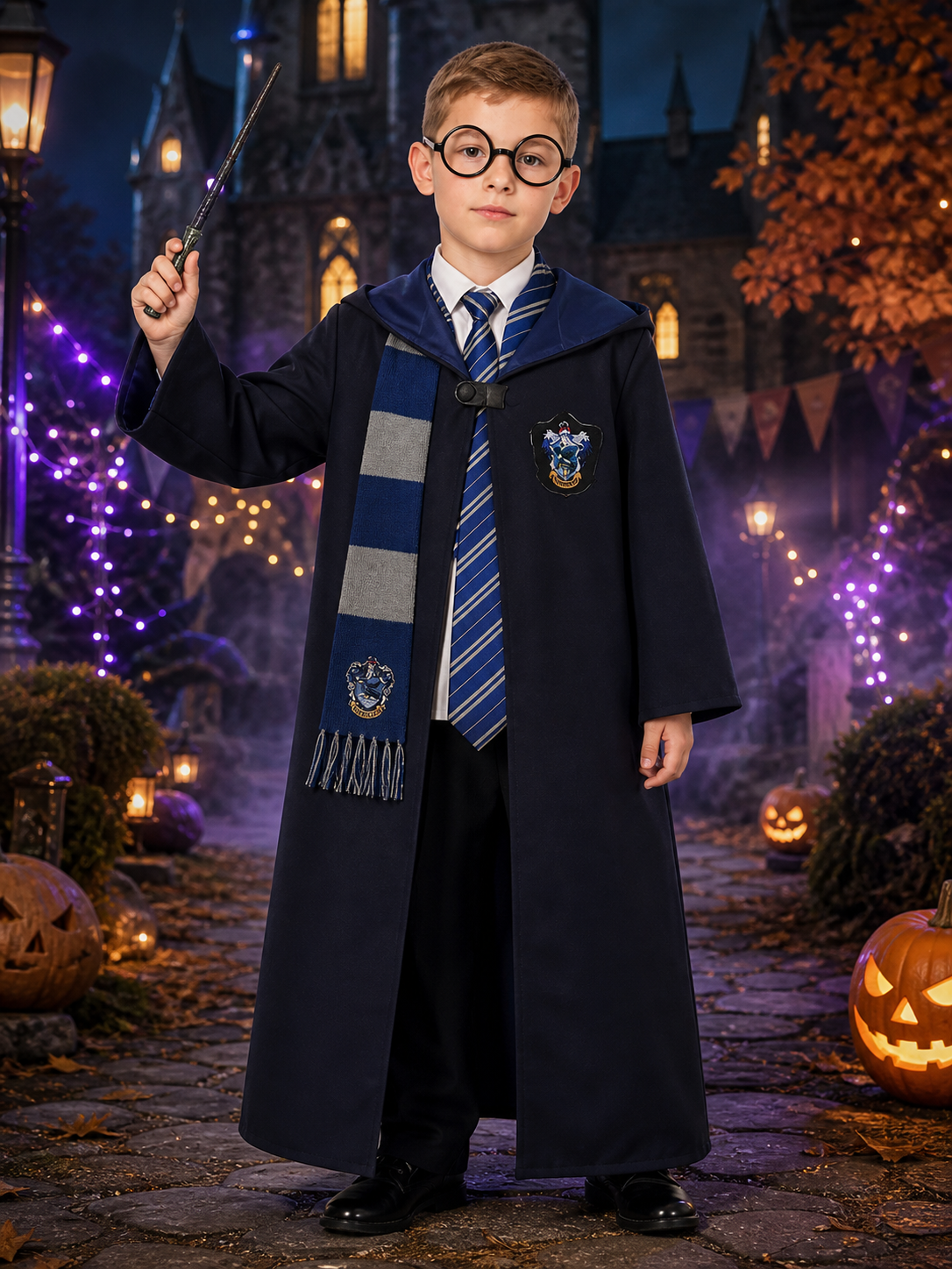 Children's Ravenclaw Wizard Robe Costume Set with Tie, Scarf, Glasses and Wand Costume Accessories detail 2