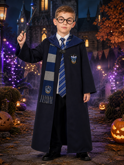 Children's Ravenclaw Wizard Robe Costume Set with Tie, Scarf, Glasses and Wand Costume Accessories detail 2