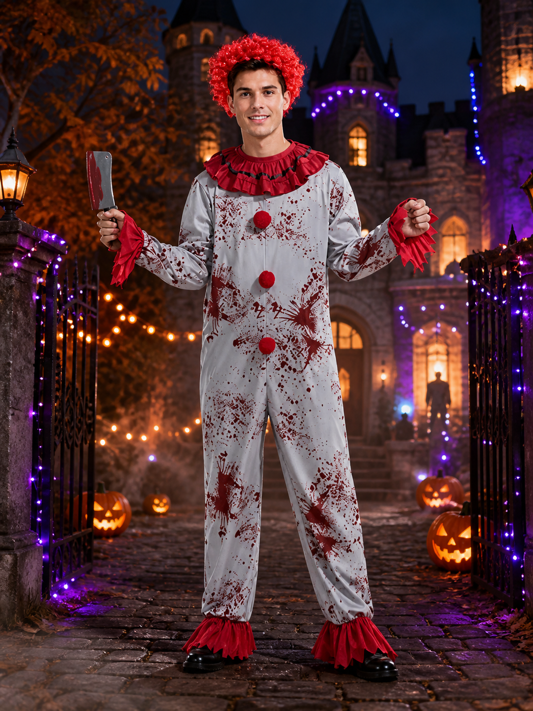 Scary Clown Bodysuit Costume with Blood Stains, Mask and Accessories for Costume Masks detail 2