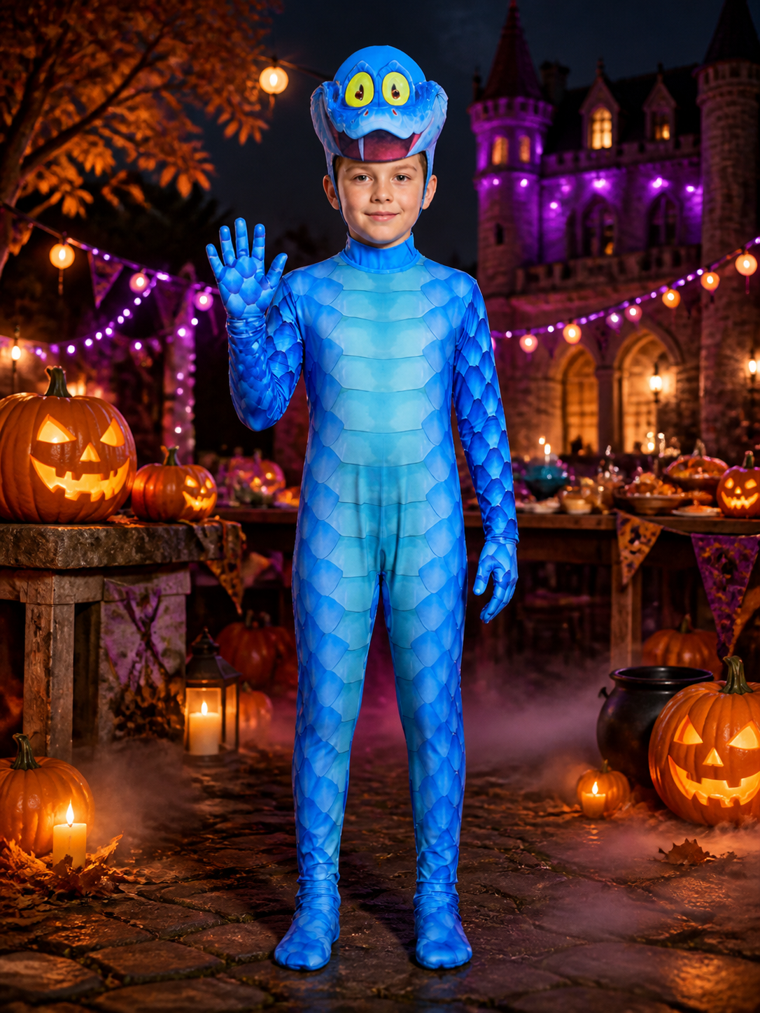 Kids' Gary Snake Costume, Blue Scaly Animal Jumpsuit with Headpiece & Gloves Costume Headwear detail 2
