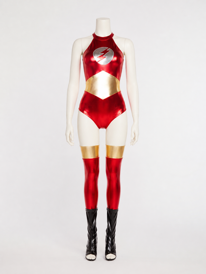 Adult Flash-Themed Sleeveless High-Neck Bodysuit Costume With Foot Covers Costumes detail 2