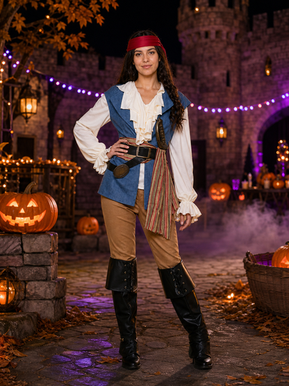 Adult Pirate Costume Set with Vest, Shirt, Pants, Headpiece and Boot Covers Costume Headwear detail 2