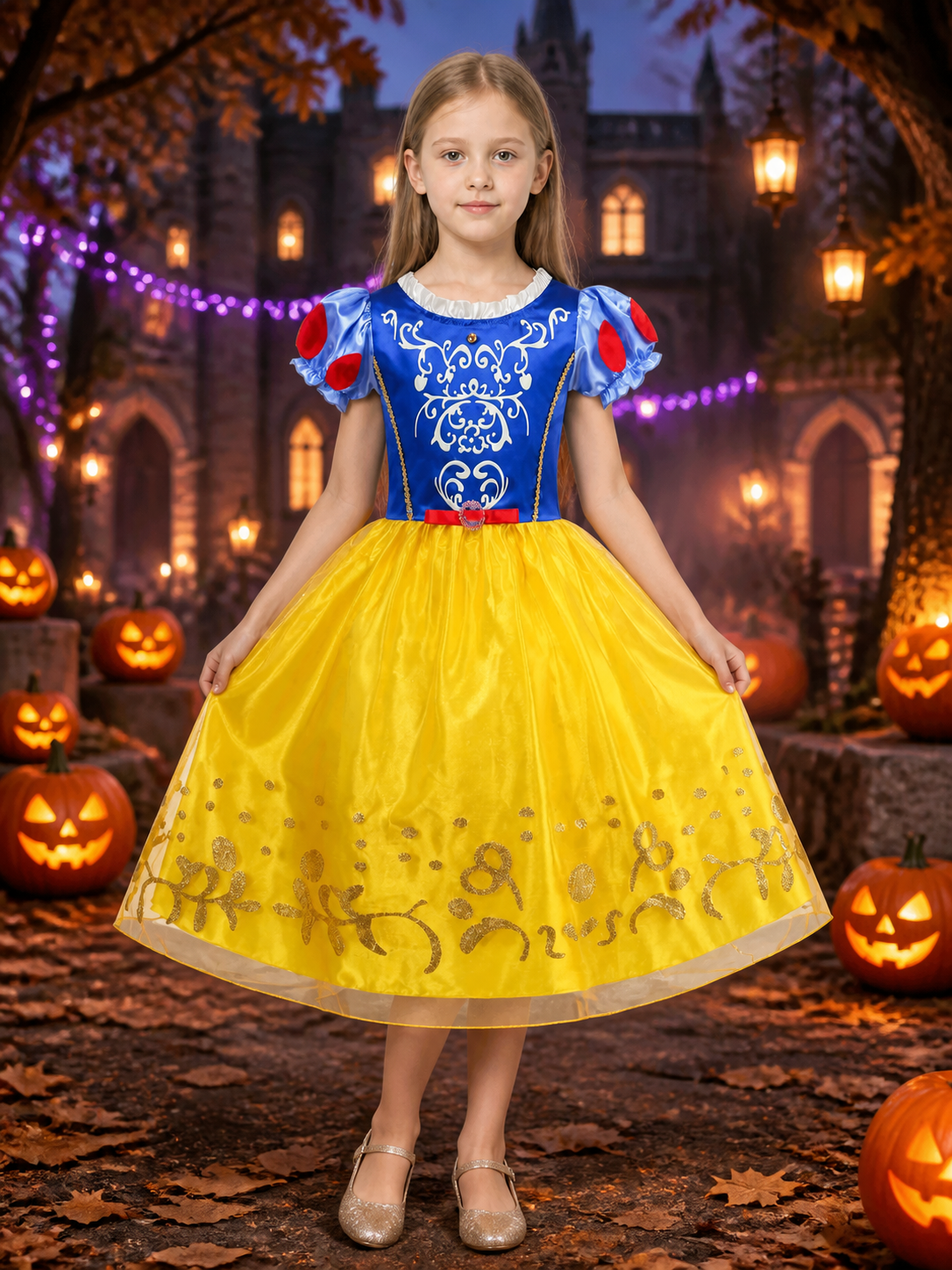 Girls Princess Costume Dress, Blue and Yellow, Halloween Party Costume Dresses detail 2