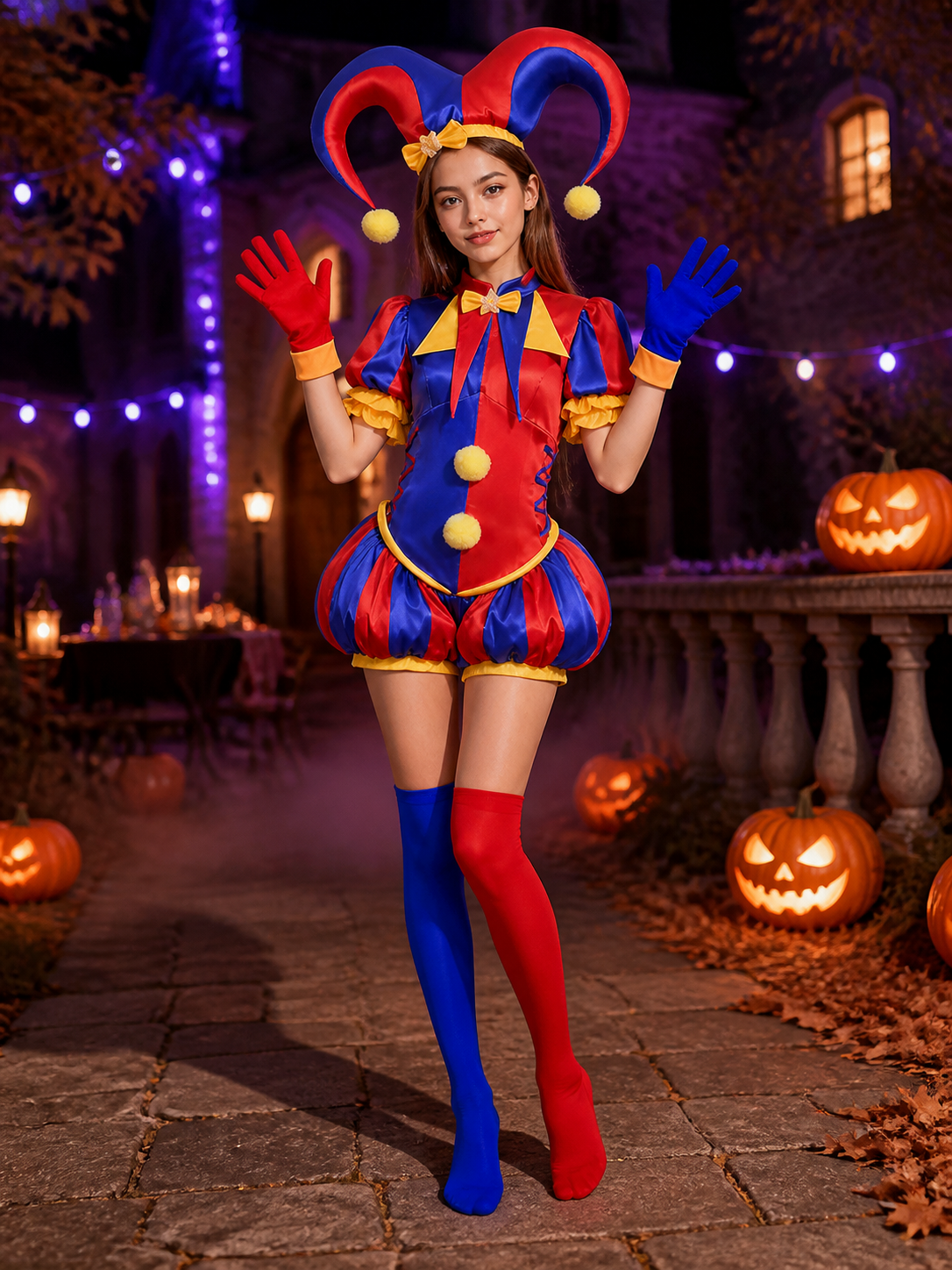 Pomni Clown Costume Set, Red Blue Jester Outfit with Hat, Collar & Gloves on-model Halloween scene view