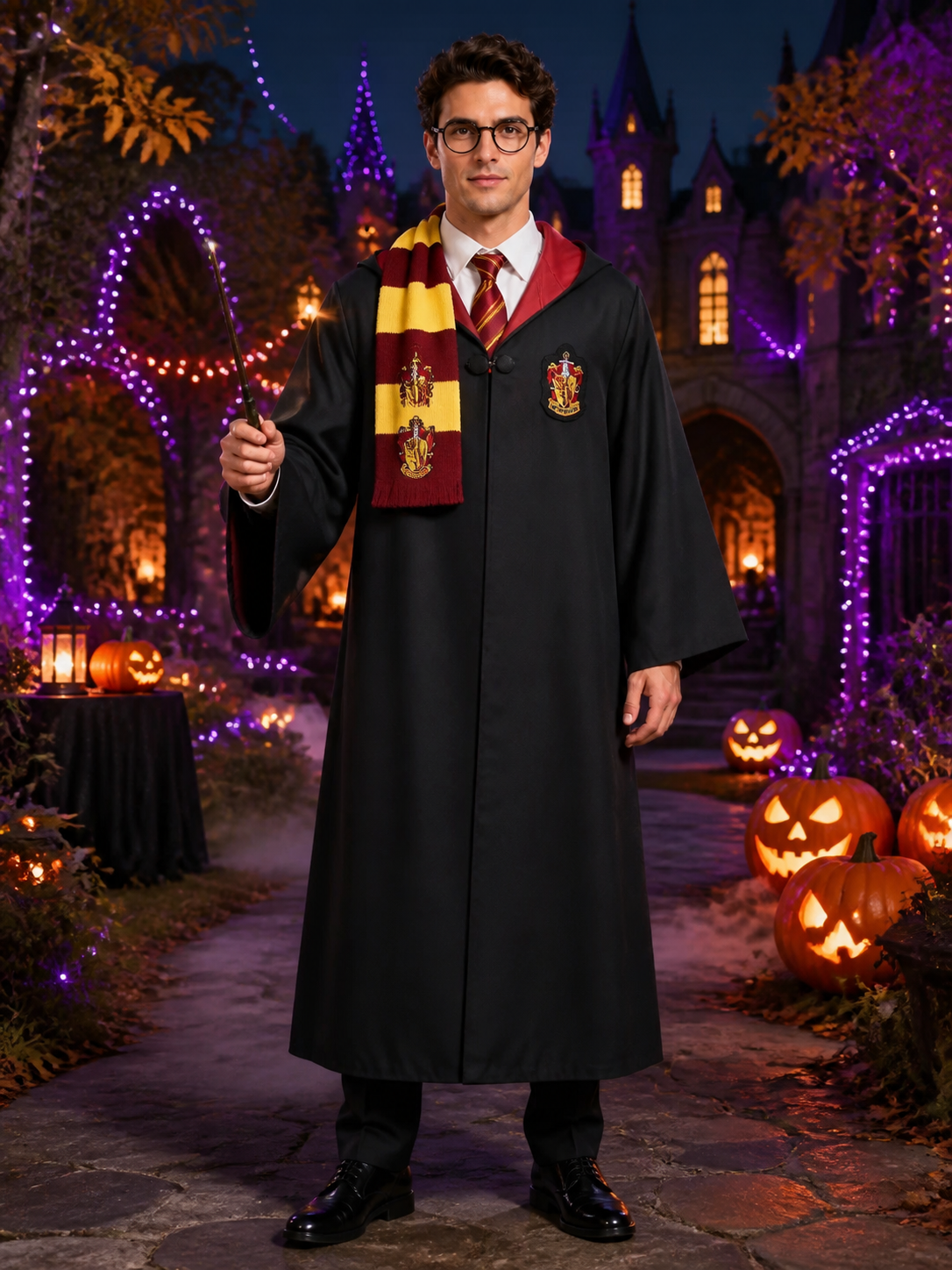 Gryffindor Wizard Costume Set, Hooded Robe With Scarf, Tie, Wand And Glasses Costume Accessories detail 2