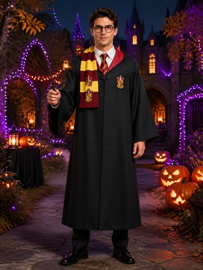 Gryffindor Wizard Costume Set, Hooded Robe With Scarf, Tie, Wand And Glasses Costume Accessories detail 2