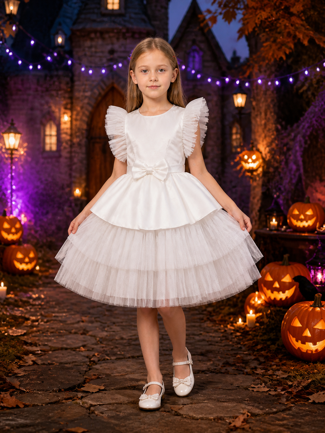 Girls' White Princess Dress, Ruffled Layered Tulle Skirt With Bow Costume Dresses detail 2