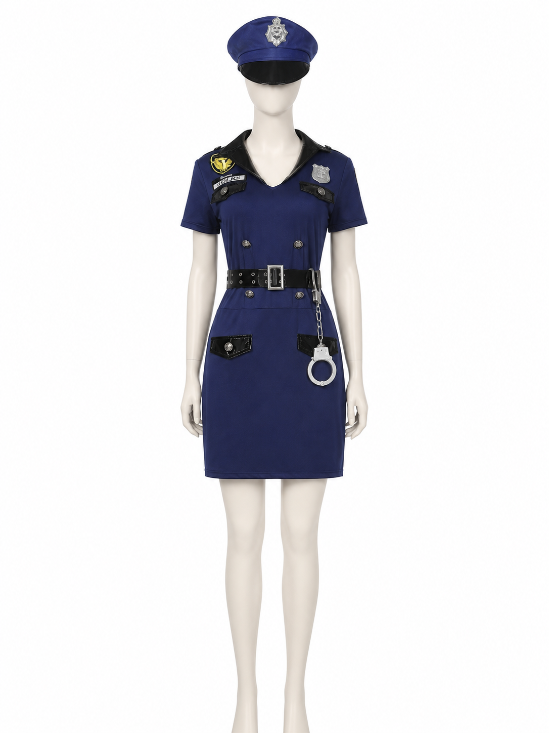 Women's Police Costume Set, Navy Collared Dress with Hat, Belt and Handcuffs Costume Dresses detail 2