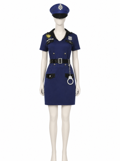Women's Police Costume Set, Navy Collared Dress with Hat, Belt and Handcuffs Costume Dresses detail 2