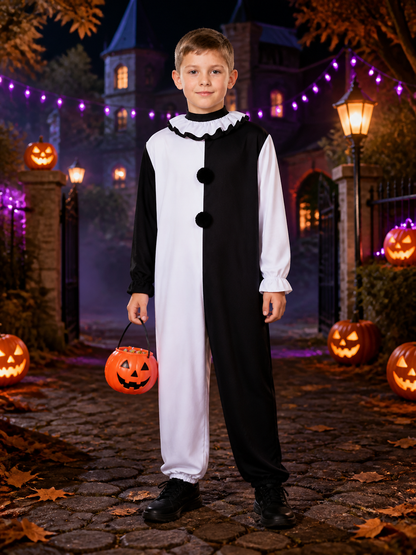 Men's Clown Jumpsuit Halloween Costume with Black and White Ruffle Trim Costumes detail 2