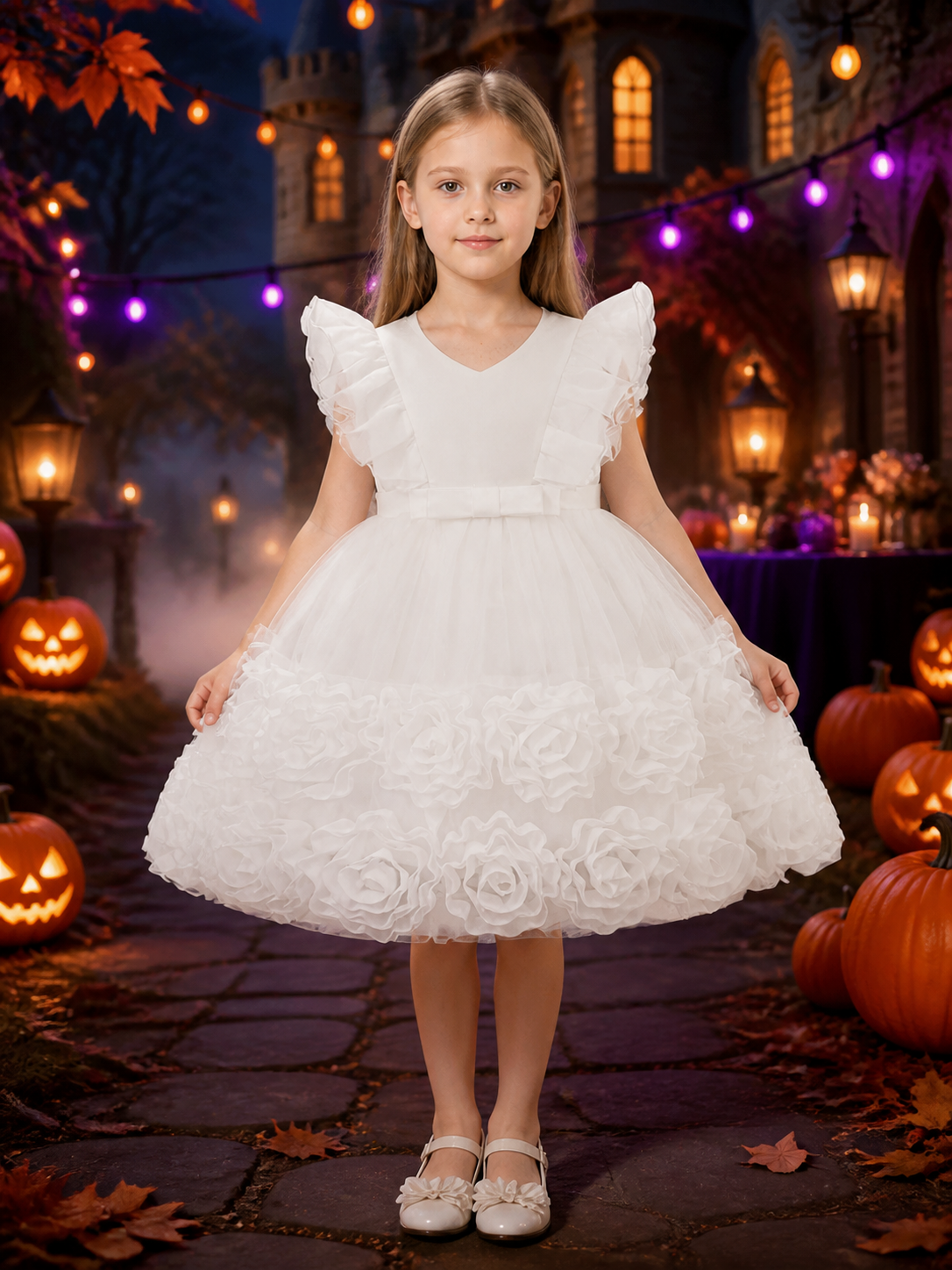 Girls' White Princess Dress, Layered Tulle Party Outfit with Rose Flowers and Costume Dresses detail 2