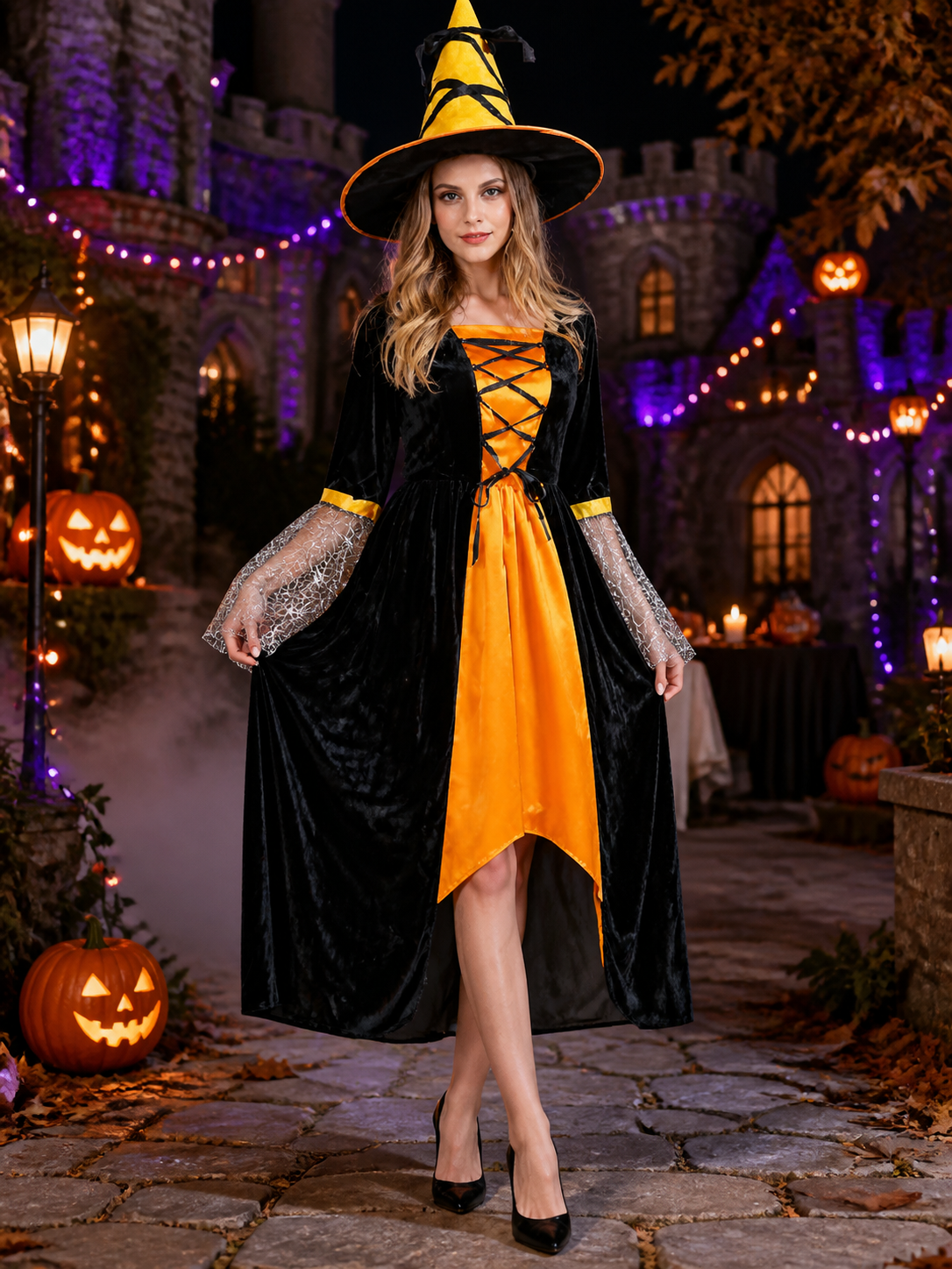 Halloween Witch Costume with Hat and Lace Sleeves