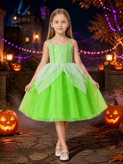 Girls' Green Princess Costume Dress, Sequin Stars, Ruffle Trim and Tulle Skirt Costume Dresses detail 2