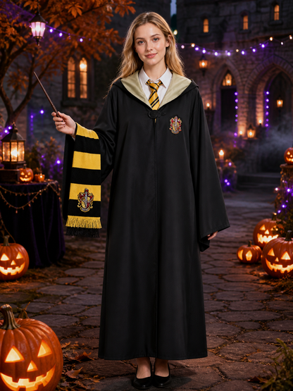 Hufflepuff Wizard Robe Costume Set with Hooded Cloak, Tie, Scarf and Halloween Costume Capes detail 2
