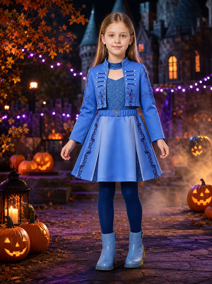 Girls' Blue Princess Costume Set with Sequined Vest, Jacket with Silver Trim Costumes detail 2