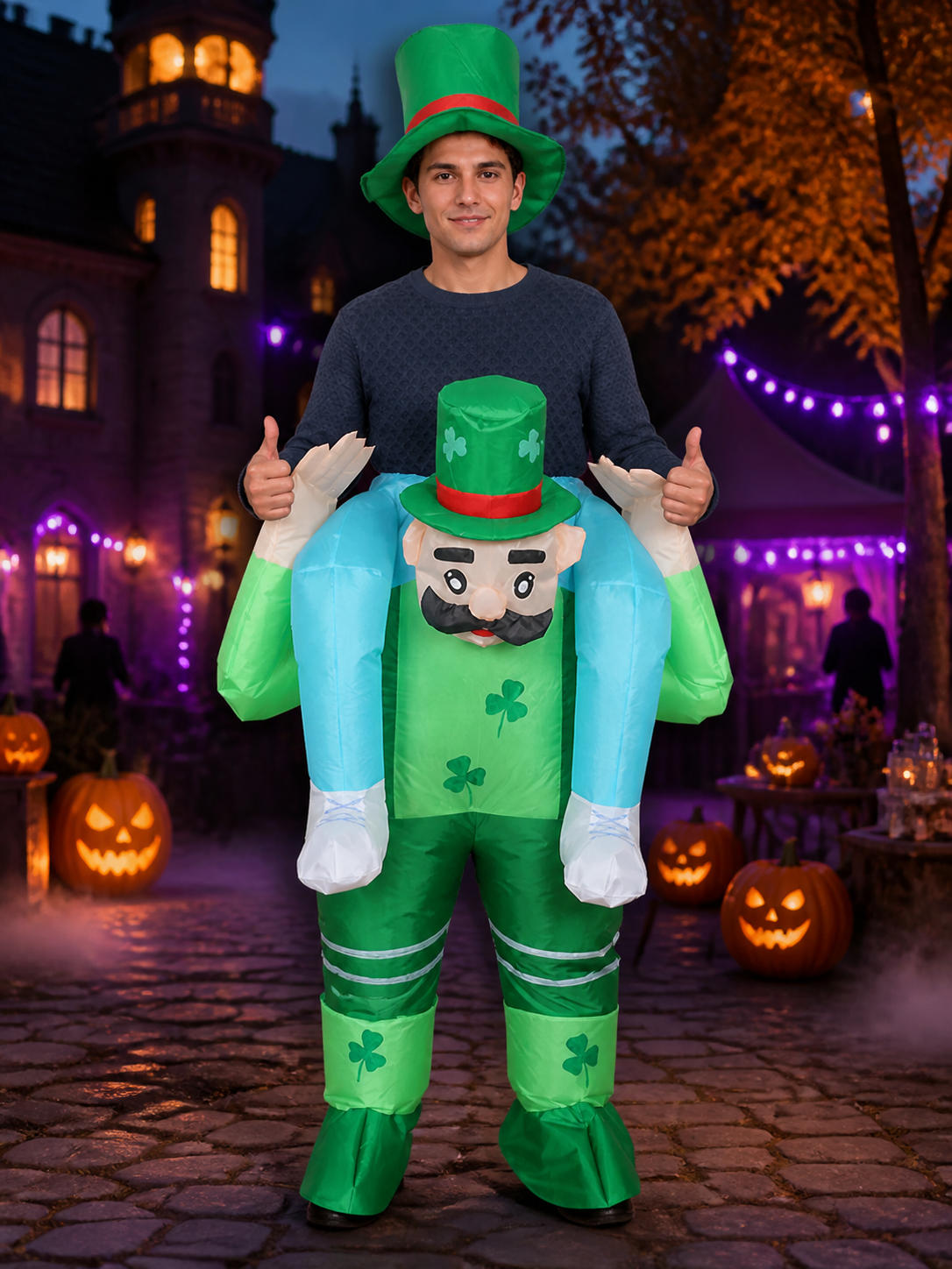 Leprechaun Inflatable Costume, Full Body Blow Up Outfit with Hat and Shamrock Costume Headwear detail 2