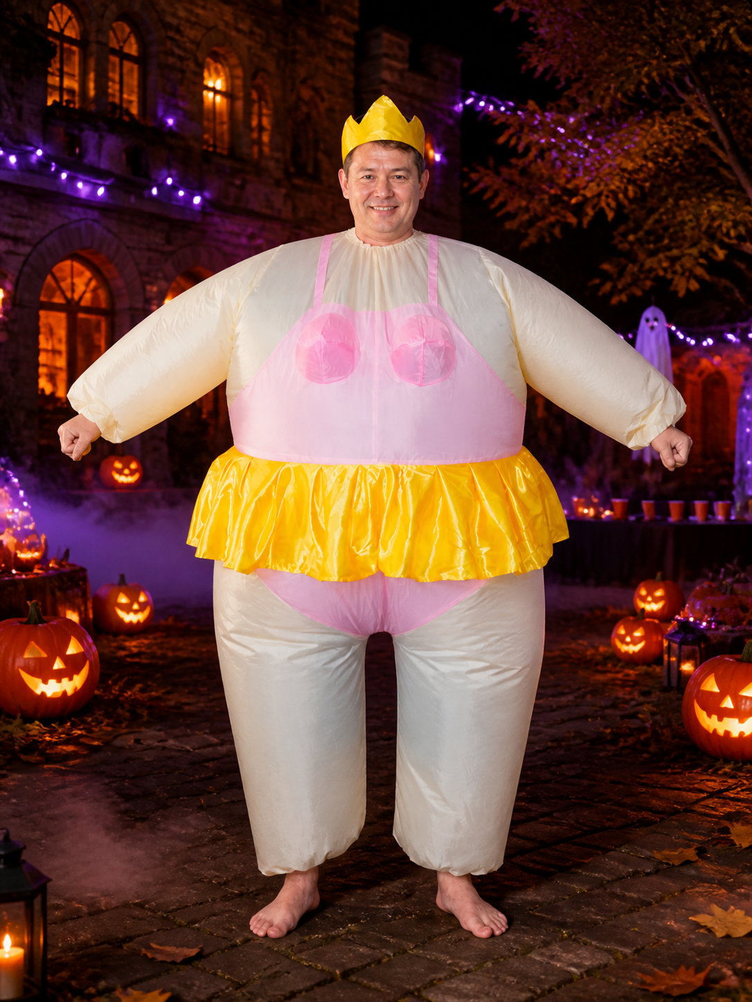 Funny Inflatable Dance Costume, White Bodysuit with Yellow Skirt and Crown Costume Headwear detail 2