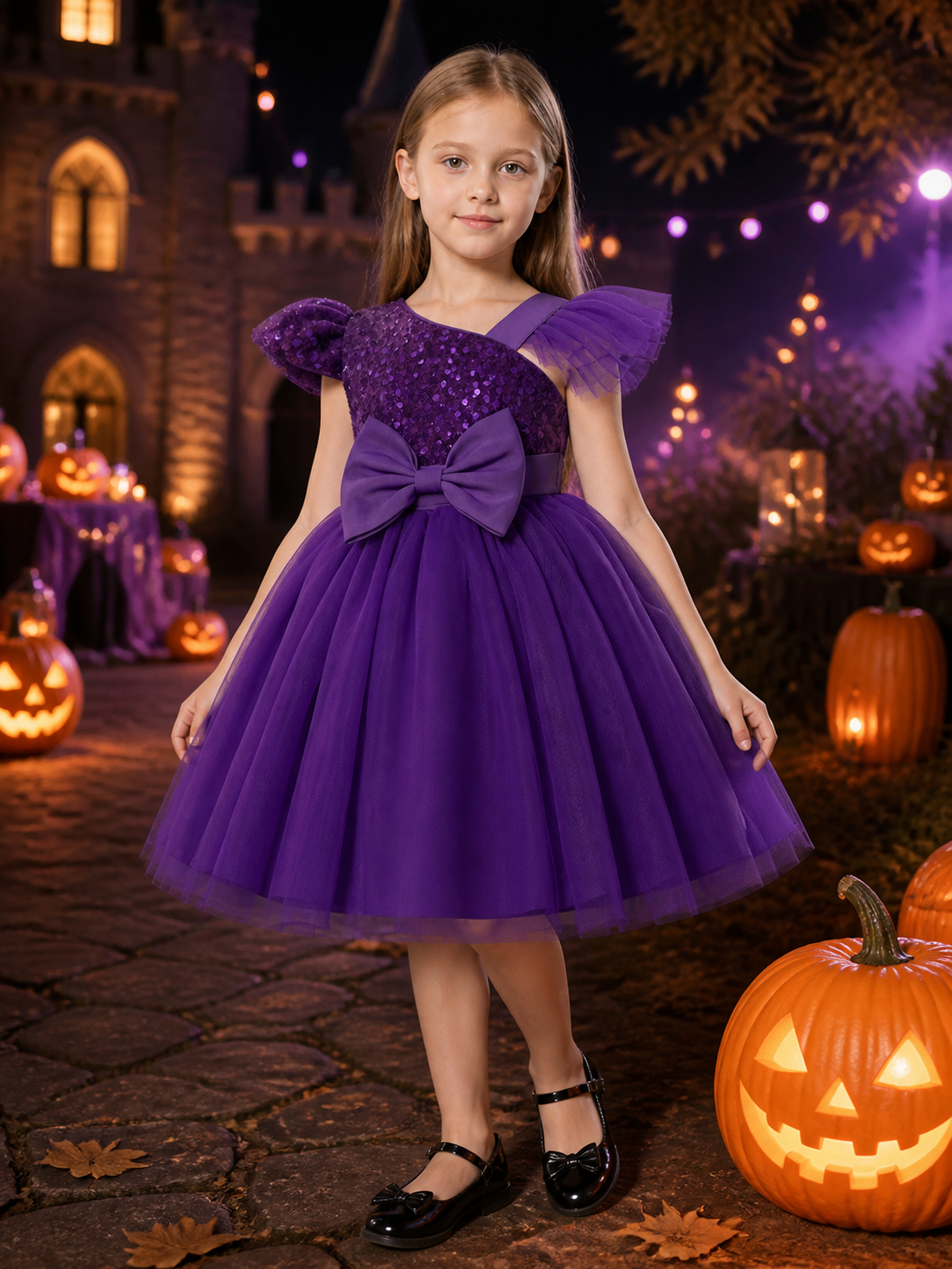 Toddler Girls' Purple Sequined Princess Dress, One-Shoulder Tulle Gown With Bow Costume Dresses detail 2
