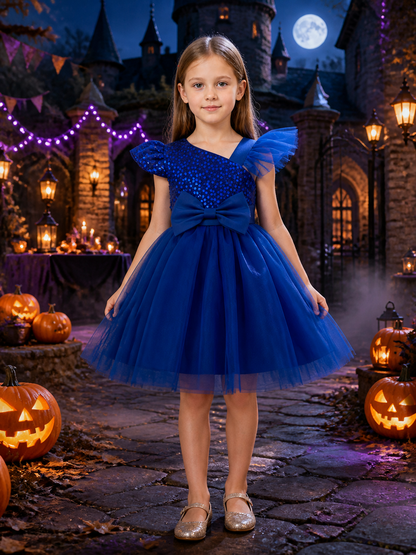 Girls' Blue Sequin Princess Dress With Mesh Skirt And Bow Costume Dresses detail 2