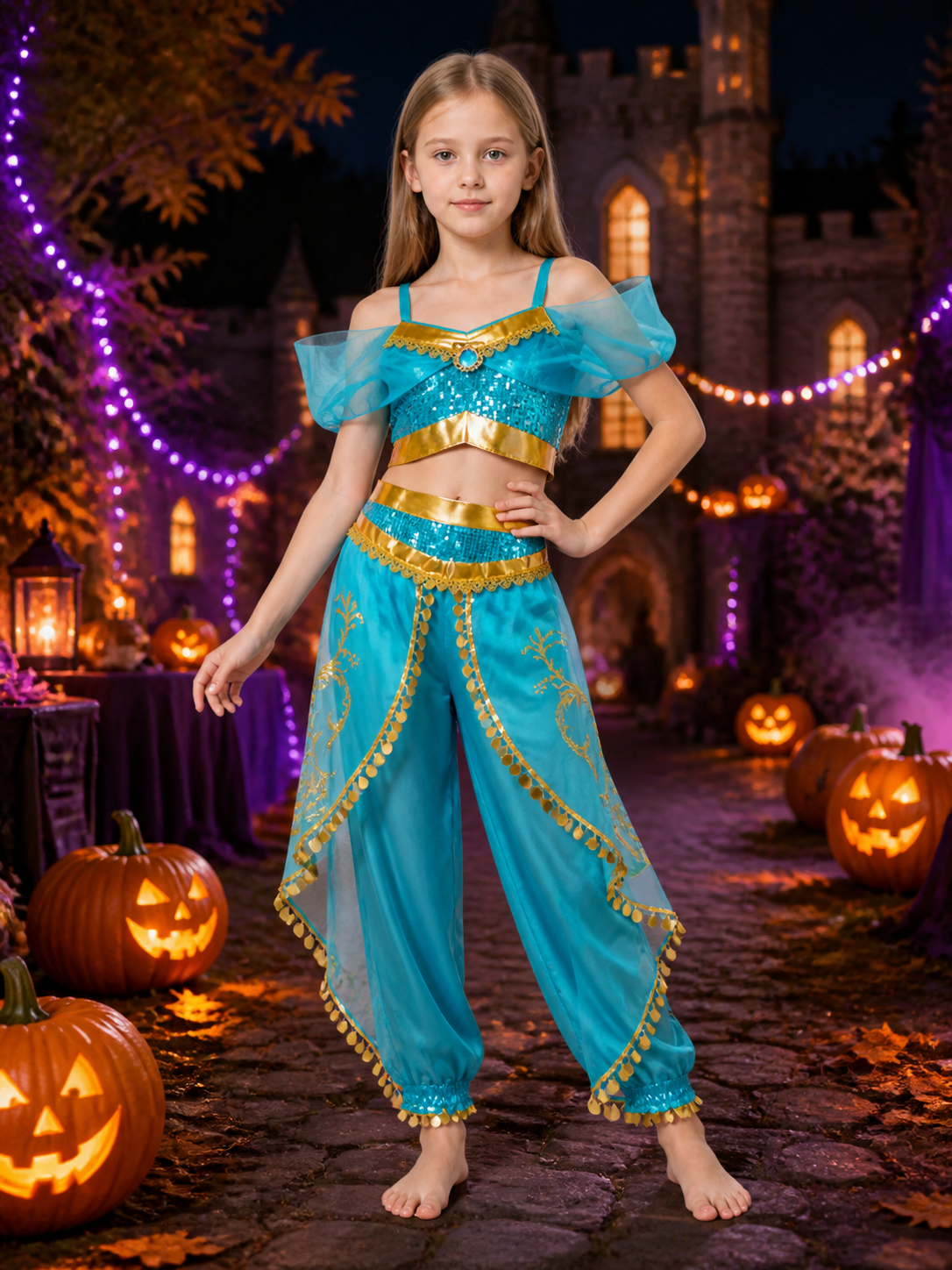 Girls Arabian Princess Halloween Costume Set, Sequined Top and Harem Pants Costumes detail 2
