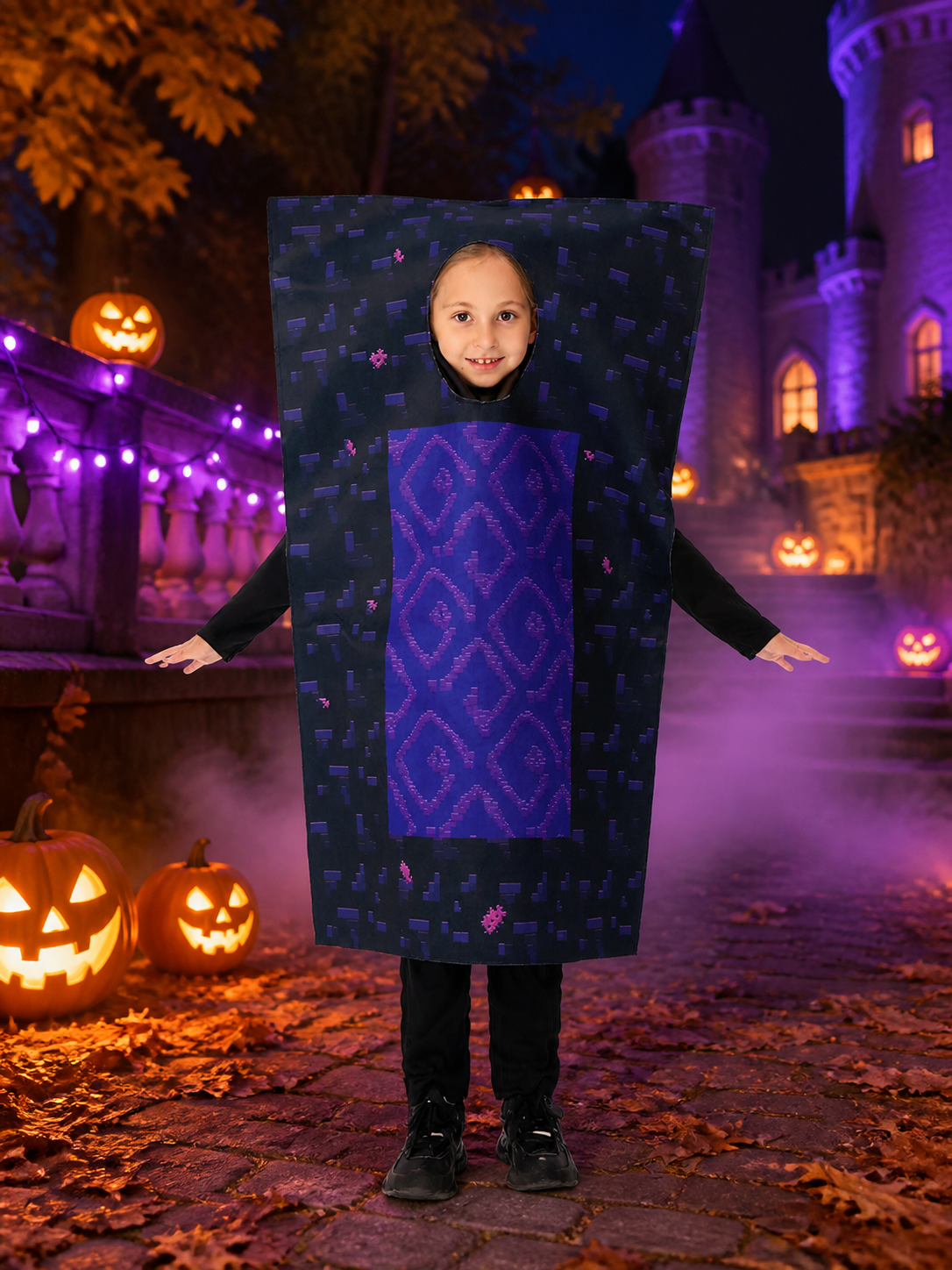 Children's Nether Portal Costume Jumpsuit, Purple Pixel Block Halloween Outfit Costumes detail 2