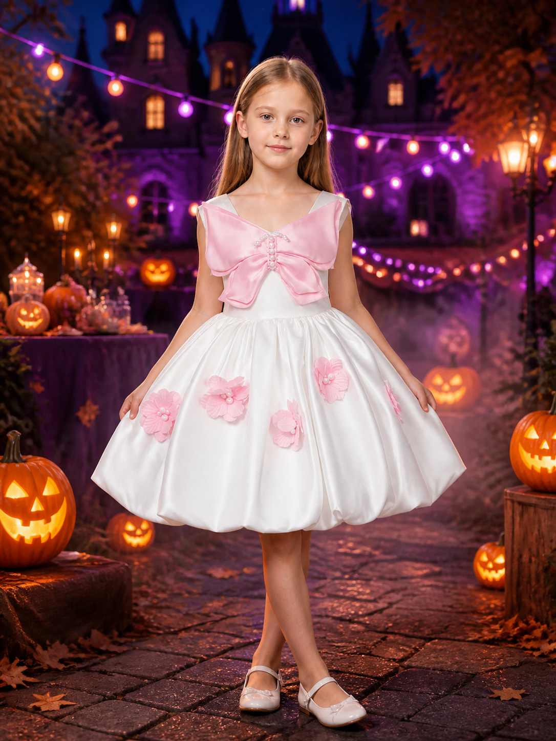 Girls' White and Pink Princess Dress with 3D Bow, Pearl Details and Full Skirt Costume Dresses detail 2