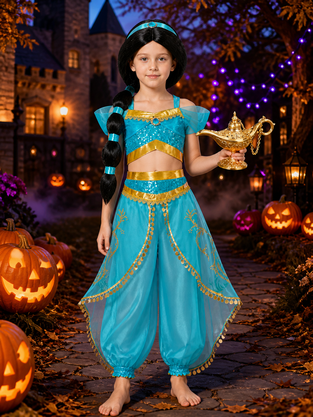 Kids Arabian Princess Sequin Costume Set with Wig, Headpiece and Lamp Prop Costume Wigs detail 2
