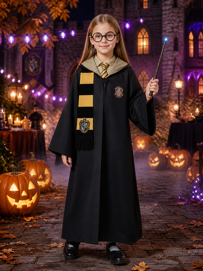 Wizard Robe Costume Set with Striped Scarf, Tie, Glasses and Wand Costume Accessories detail 2