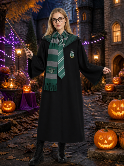 Hooded Wizard Robe Costume Set with Scarf, Tie, Wand and Glasses, Black and Costume Accessories detail 2