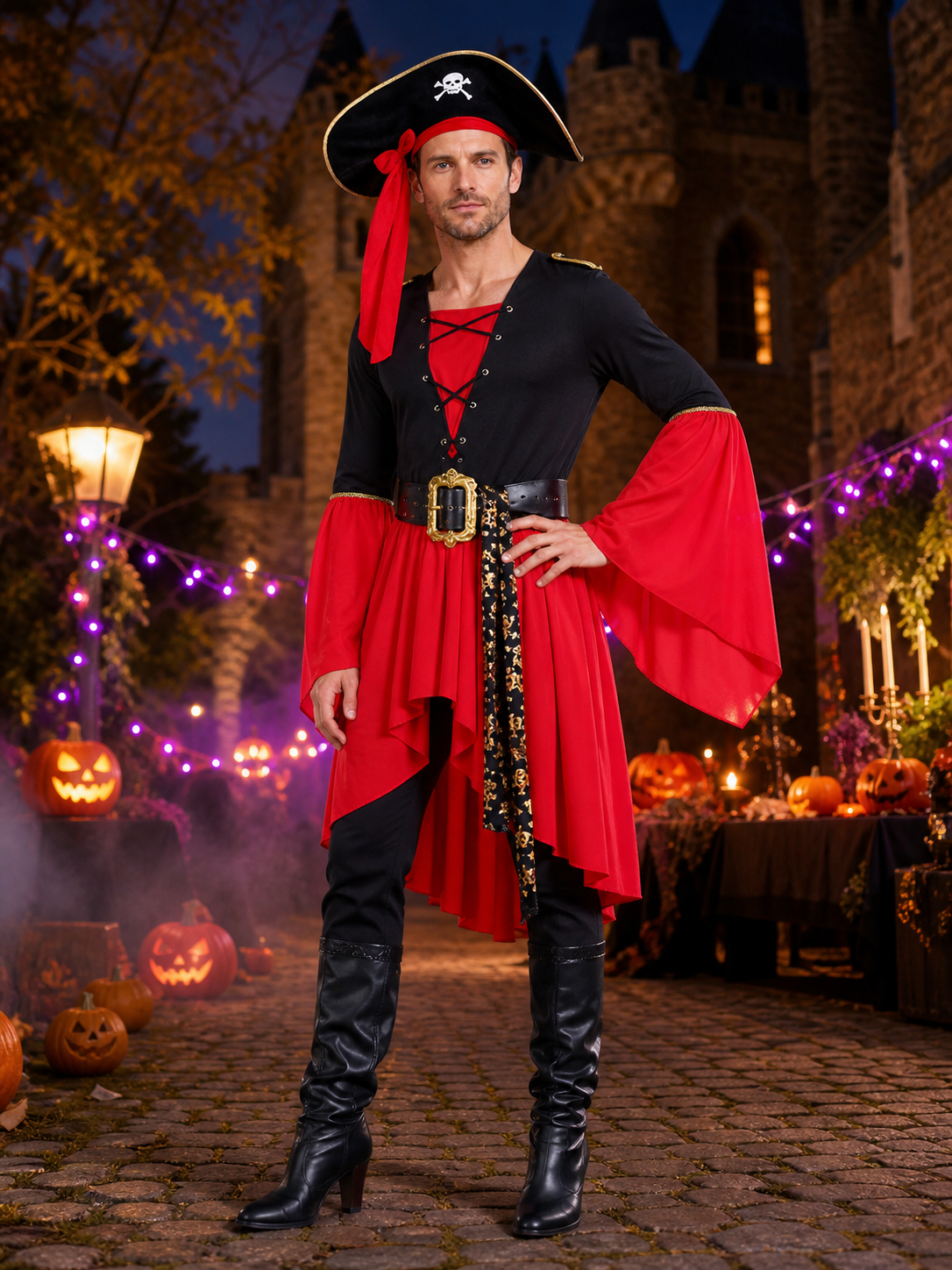 Adult Pirate Costume Set, Long-Sleeve Dress With Hat and Belt, Halloween Outfit Costume Dresses detail 2