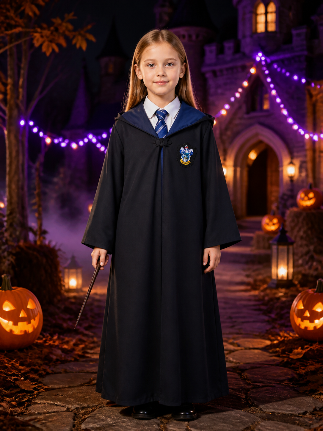 Kids Wizard Robe Costume Set with Tie - Blue Striped Halloween Outfit Costumes detail 2