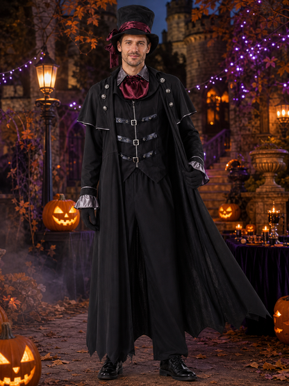 Men's Gothic Wizard Costume Set, Black Cape with Silver Trim, Vest, Top Hat & Costume Capes detail 2