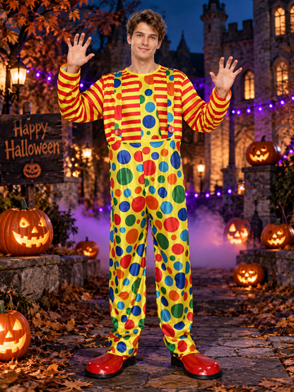 Adult Clown Costume Yellow with Polka Dots and Striped Sleeves