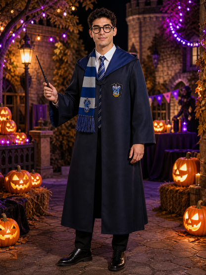 Wizard Robe Costume Set with House Crest, Stripe Tie, Scarf, Glasses & Magic Costumes detail 2