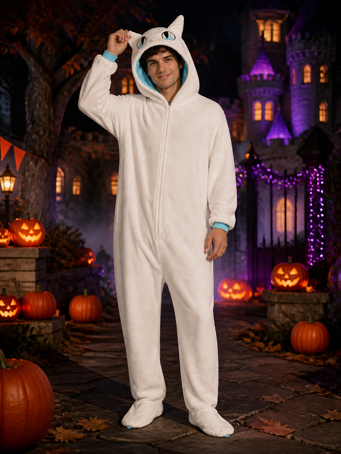 White Dragon Hooded Animal Jumpsuit Costume, Long-Sleeve Cartoon One-Piece Costumes detail 2