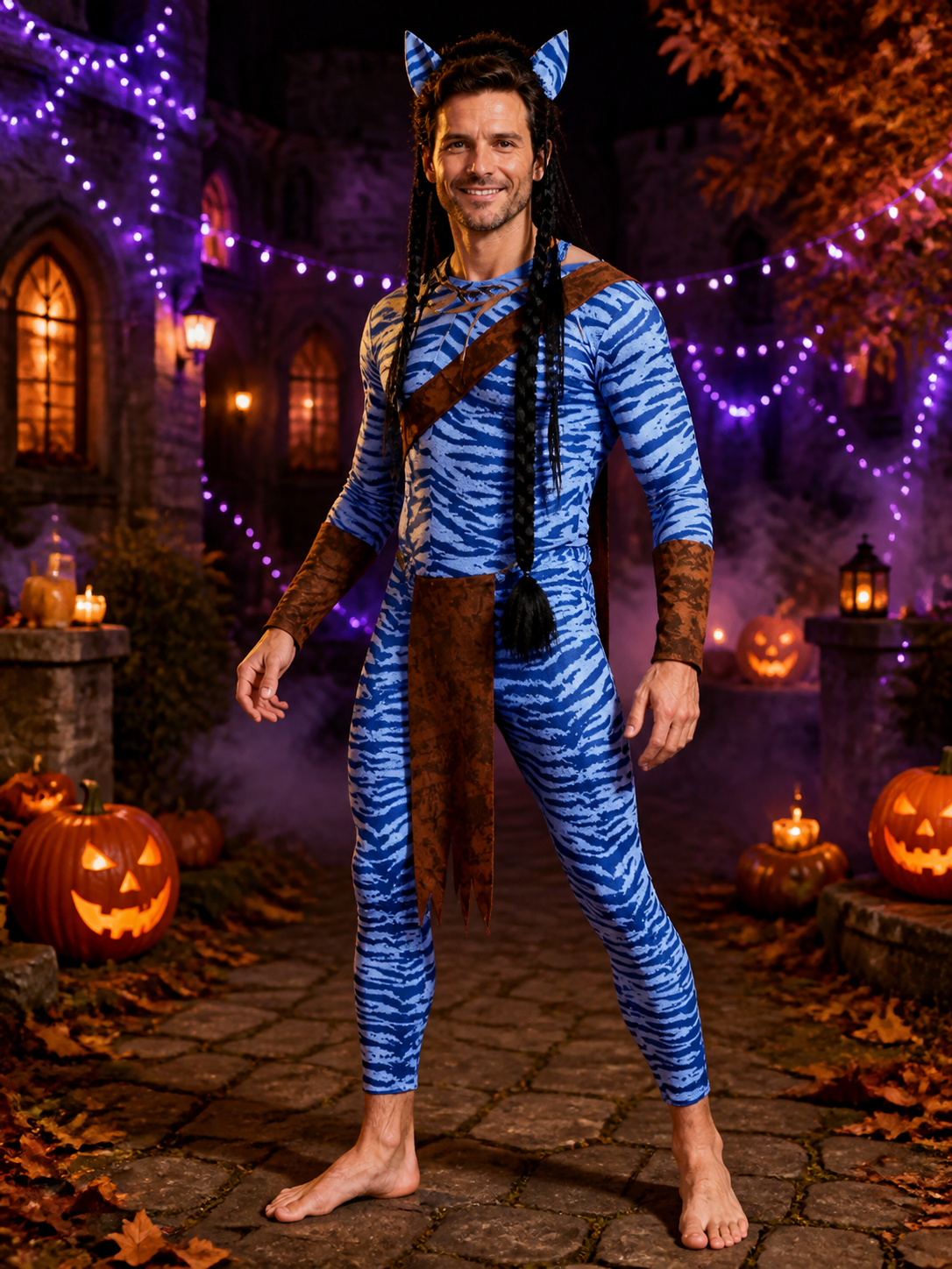 Blue Striped Alien Bodysuit Costume with Brown Panels for Adults Halloween Costumes detail 2