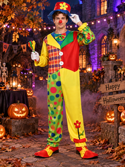 Clown Costume: Multicolor Jumpsuit, Hat, Bow Tie