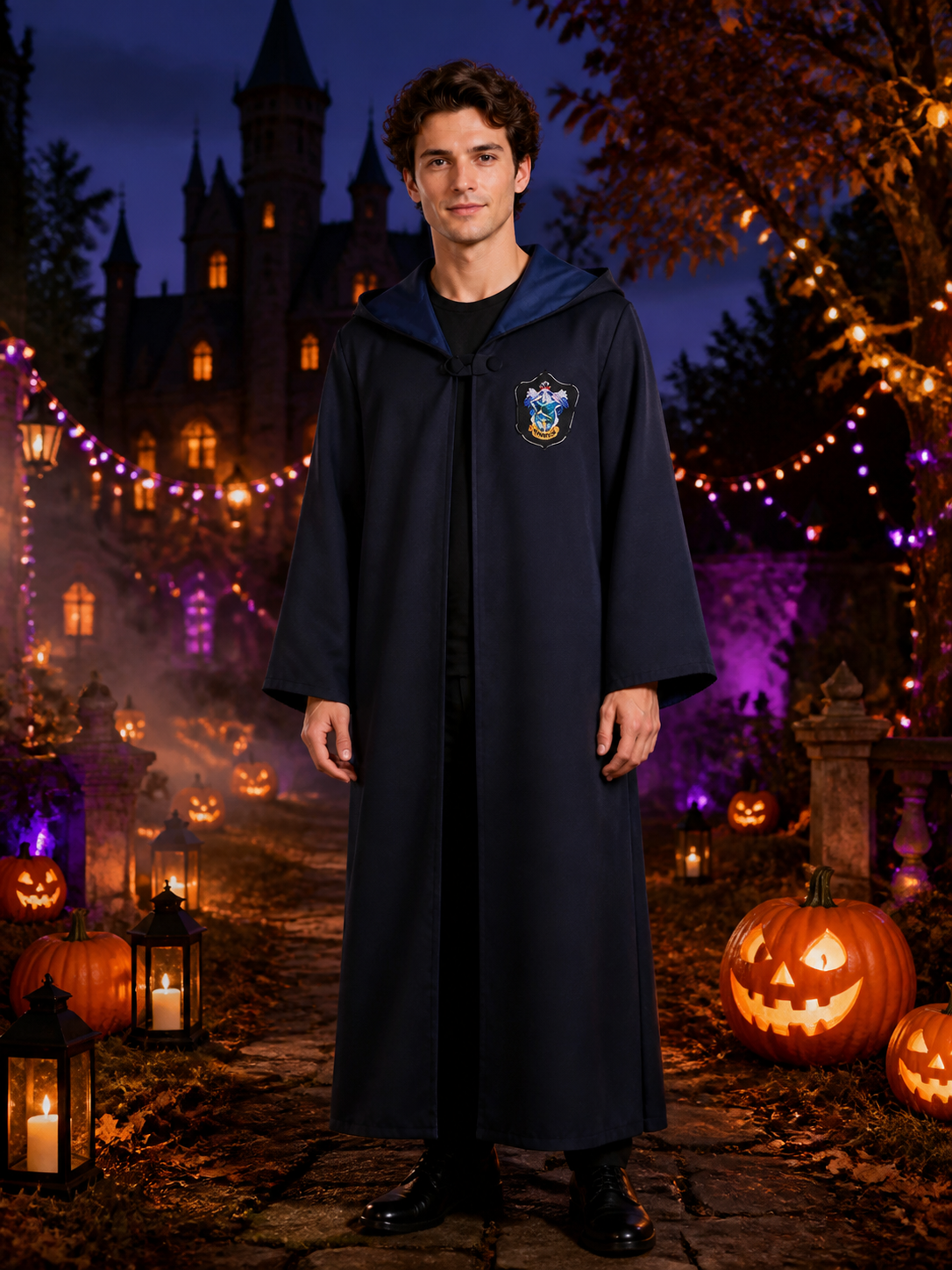 Wizard Academy Long-Sleeve Robe Costume, Dark Blue And Black Halloween Outfit Costumes detail 2