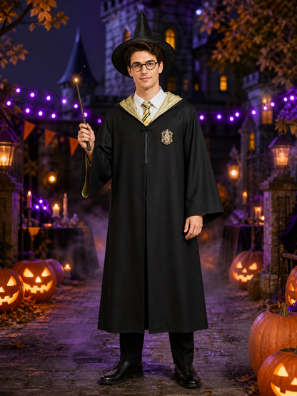 Black and Yellow Wizard Costume Set with Hooded Robe, Hat, Tie, Glasses and Wand Costume Headwear detail 2