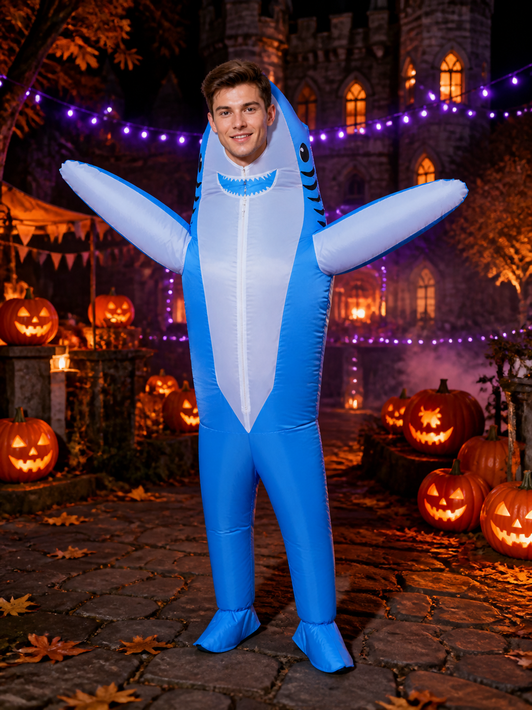 Adult Shark Inflatable Costume, Blue White Fins Bodysuit Halloween Party Outfit Costumes detail 2